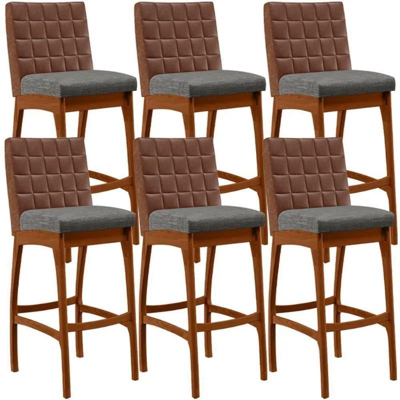 Kit 06 Banquetas Altas Mila Marrom Linho Cinza Escuro - Lyam Decor
