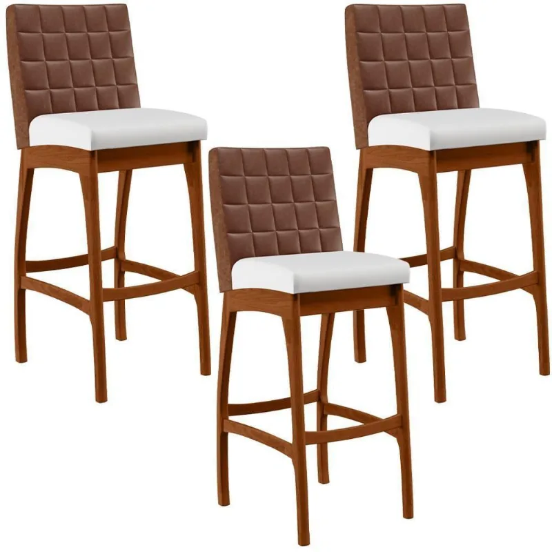 Kit 3 Banquetas Altas Mila Marrom Corano Branco - Lyam Decor