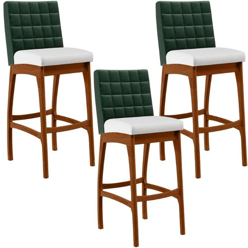 Kit 3 Banquetas Altas Facto Verde Musgo Corano Branco - Lyam Decor