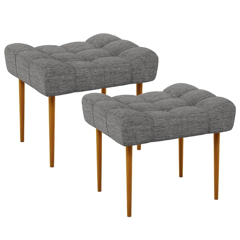 Kit 02 Puffs Decorativo Para Sala De Estar Requinte L02 Linho Cinza Escuro - Lyam Decor