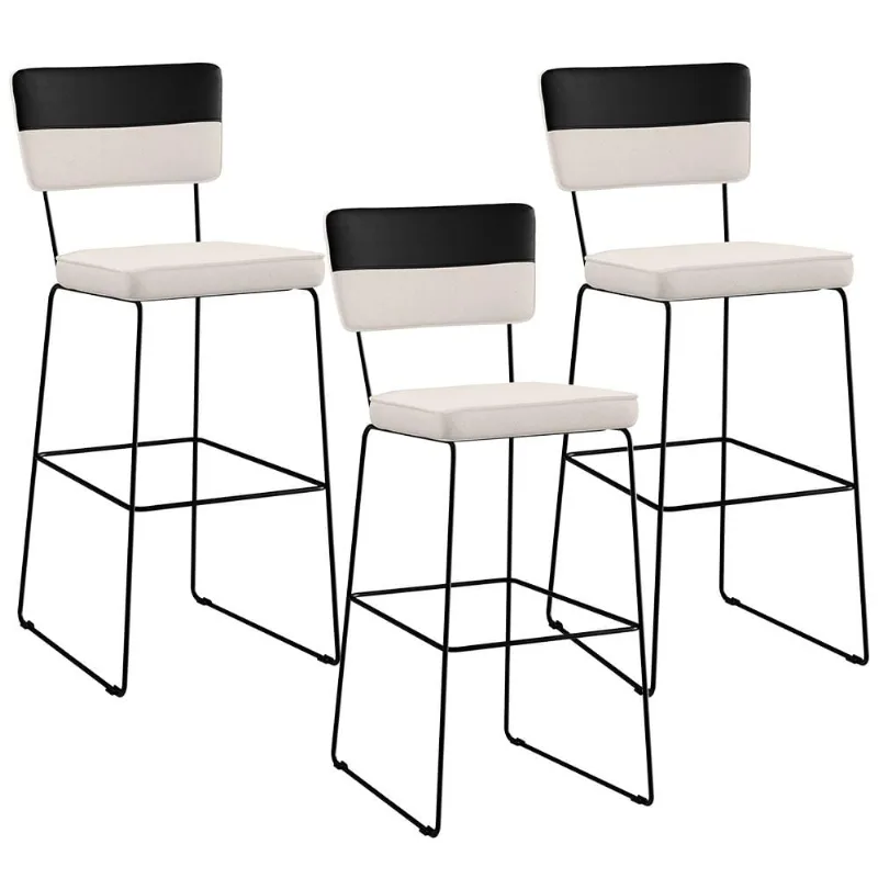 Kit 03 Banquetas Altas Sala De Jantar Allana L02 Faixa Corano Preto Linho Cru - Lyam Decor