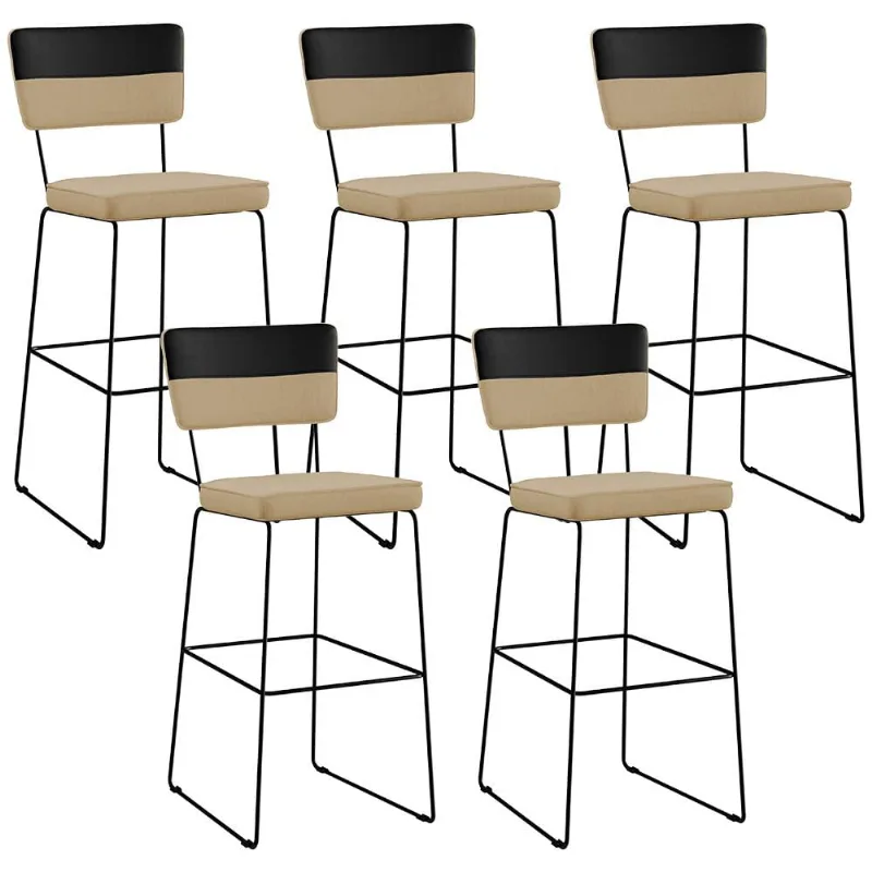 Kit 05 Banquetas Altas Sala De Jantar Allana L02 Faixa Corano Preto Linho Bege Escuro - Lyam Decor - Lyam Decor