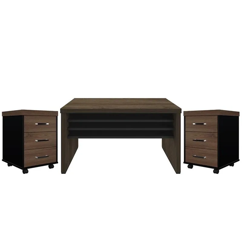 Kit Mesa Para Escritório Office 135cm E 2 Gaveteiros Atria Executiva A02 Charuto Preto - Lyam Decor