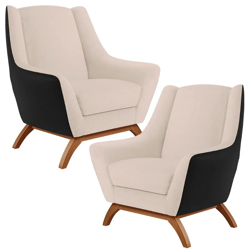 Kit 02 Poltronas Decorativas Base Madeira Juliet D02 Corano Preto C-05 Linho Bege C-107 - Lyam Decor