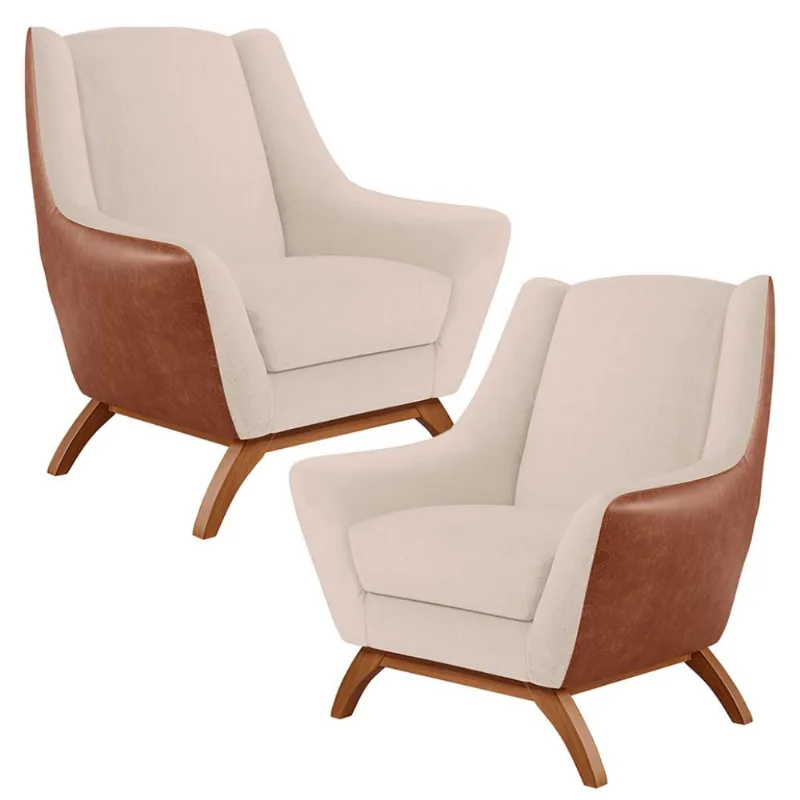Kit 02 Poltronas Base Em Madeira Juliet D02 Courissímo Camel B-14 Linho Bege C-107 - Lyam Decor