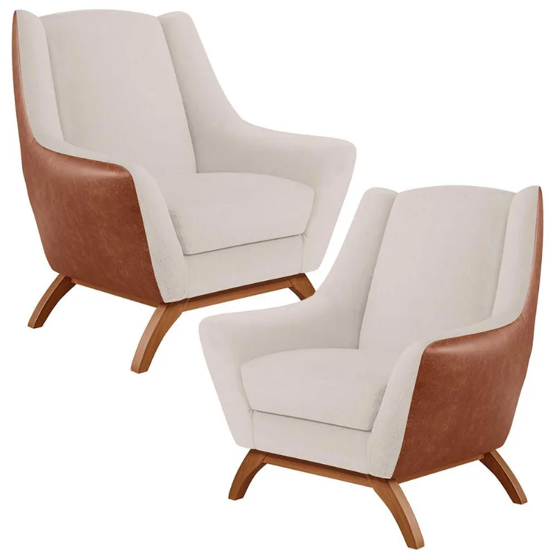Kit 02 Poltronas Base Em Madeira Juliet D02 Courissímo Camel B-14 Linho Cru C-443 - Lyam Decor