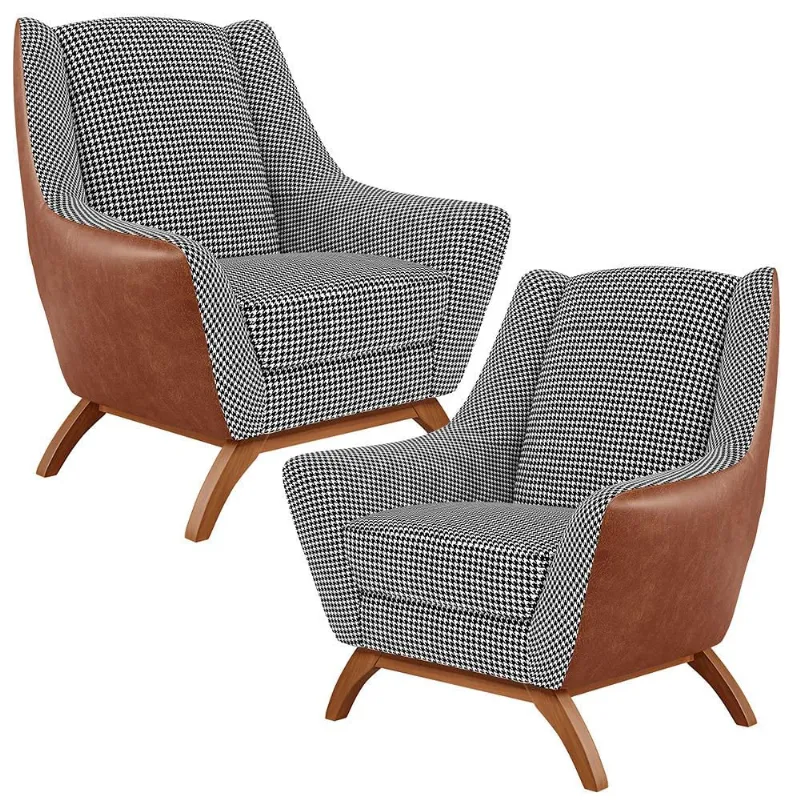 Kit 2 Poltronas Decorativas Base Em Madeira Juliet D02 Courissímo Camel B-14 Pied Poule - Lyam Decor