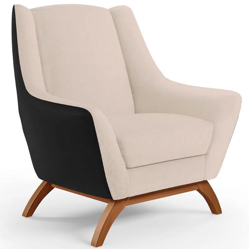 Poltrona Decorativa Base Em Madeira Juliet D02 Corano Preto C-05 Linho Bege C-107 - Lyam Decor - Lyam Decor