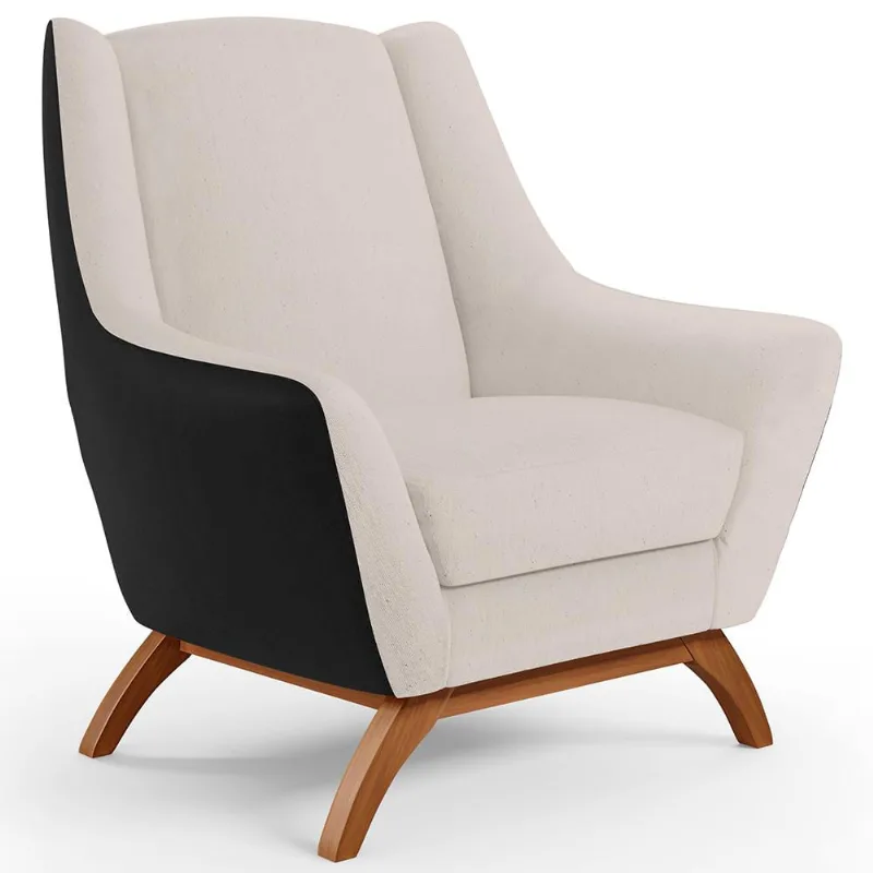 Poltrona Decorativa Base Em Madeira Juliet D02 Corano Preto C-05 Linho Cru C-443 - Lyam Decor - Lyam Decor
