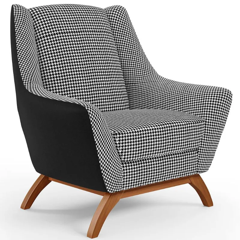 Poltrona Decorativa Base Em Madeira Juliet D02 Corano Preto C-05 Pied Poule - Lyam Decor - Lyam Decor