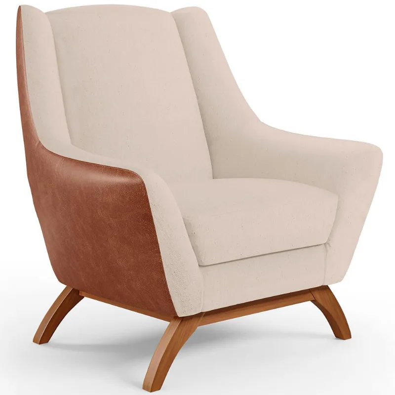 Poltrona Decorativa Base Em Madeira Juliet D02 Courissímo Camel B-14 Linho Bege C-107 - Lyam Decor - Lyam Decor