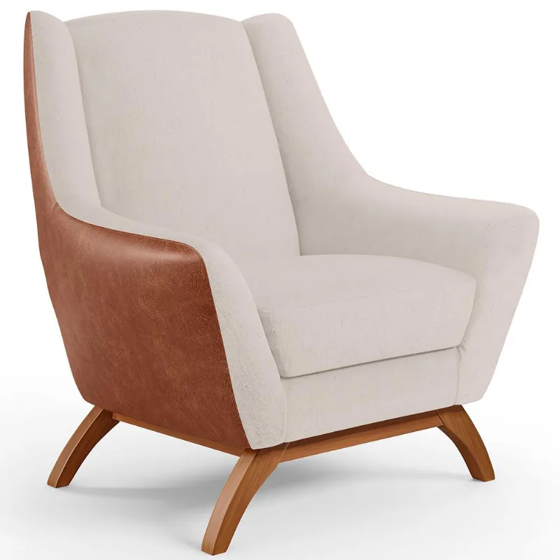 Poltrona Decorativa Base Em Madeira Juliet D02 Courissímo Camel B-14 Linho Cru C-443 - Lyam Decor - Lyam Decor