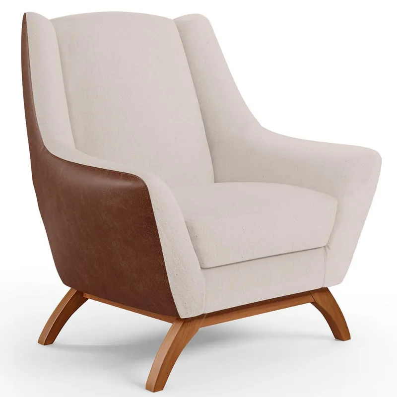 Poltrona Decorativa Base Em Madeira Juliet D02 Courissímo Marrom B-38 Linho Cru C-443- Lyam Decor - Lyam Decor