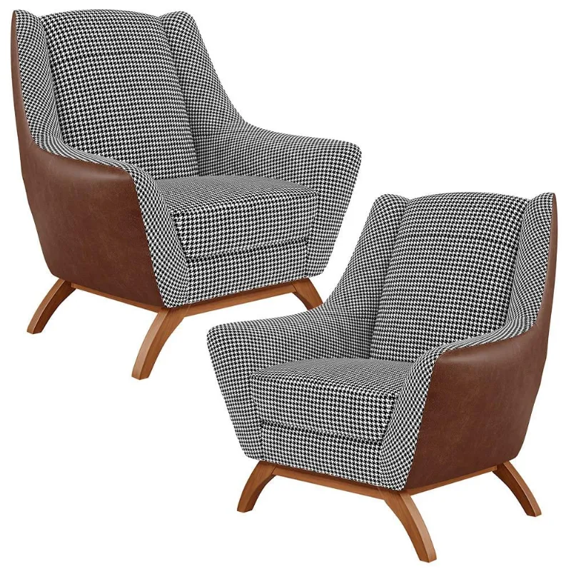 Kit 02 Poltronas Decorativas Base Em Madeira Juliet D02 Courissímo Marrom B-38 Pied Poule - Lyam Decor
