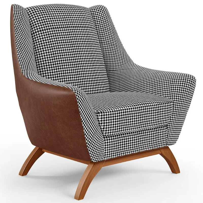 Poltrona Decorativa Base Em Madeira Juliet D02 Courissímo Marrom B-38 Pied Poule - Lyam Decor - Lyam Decor
