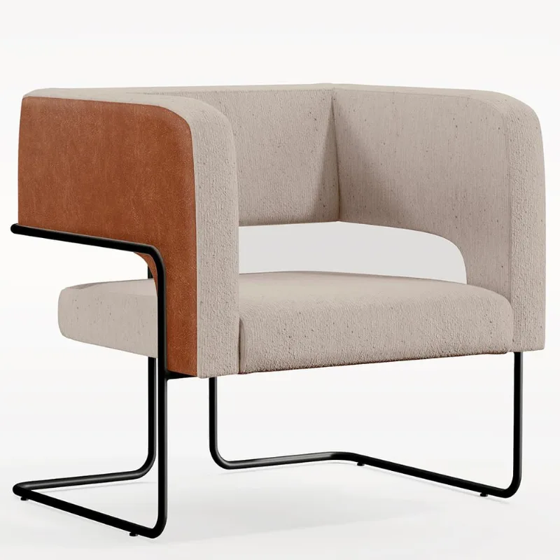 Poltrona Decorativa Scarlett D02 Base Aço Preto Couríssimo Camel B-14 Linho Bege C-107 - Lyam Decor - Lyam Decor