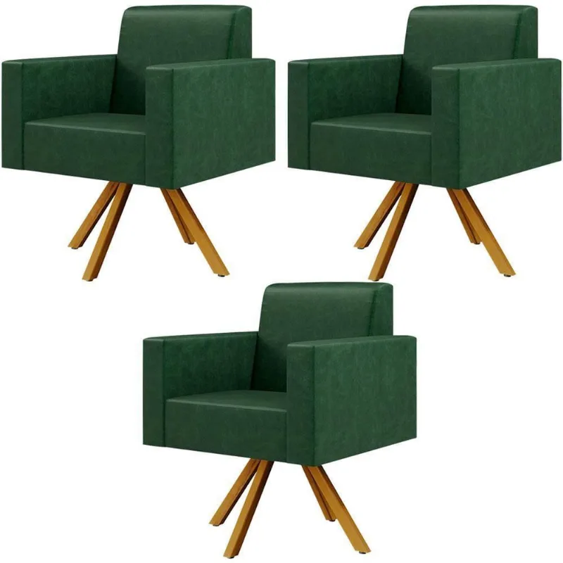 Kit 03 Poltronas Base Giratória De Madeira Facto Verde Musgo