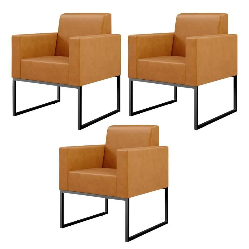 Kit 03 Poltronas Base Fixa Metal Couríssimo Whisky