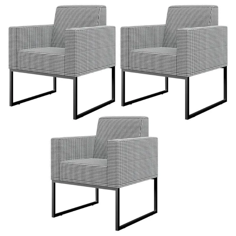 Kit 03 Poltronas Sala Base Fixa Metal Helô L02 Pied Poule