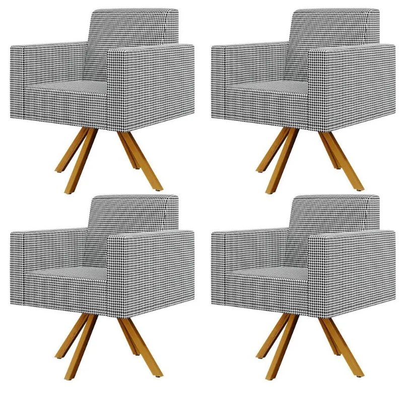 Kit 04 Poltronas Decorativa Base Giratória de Madeira Helô L02 Pied Poule - Lyam Decor