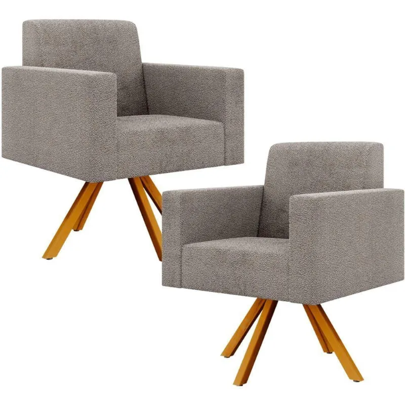 Kit 02 Poltronas Giratórias Base De Madeira Bouclê Bege