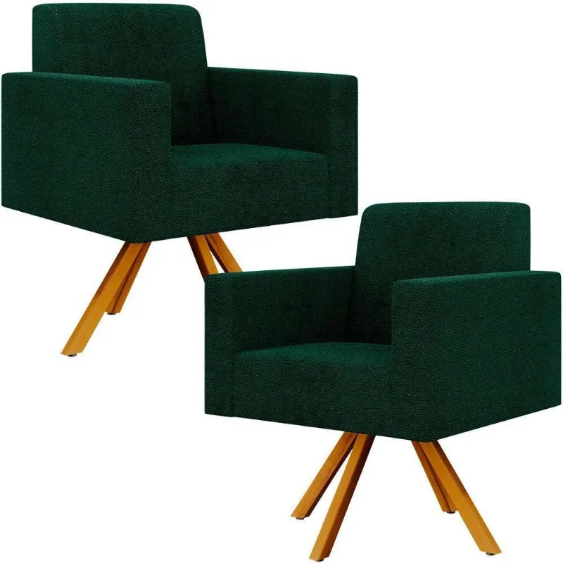Kit 02 Poltronas Giratórias Base De Madeira Bouclê Verde