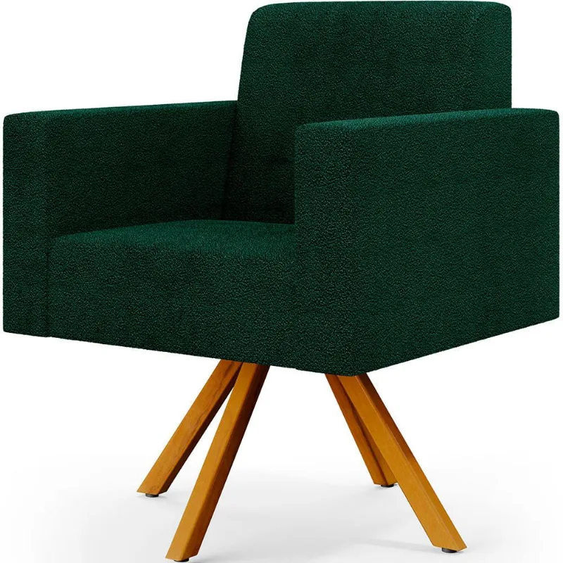 Poltrona Giratória Sala de Estar Base de Madeira Helô L02 Bouclê Verde - Lyam Decor