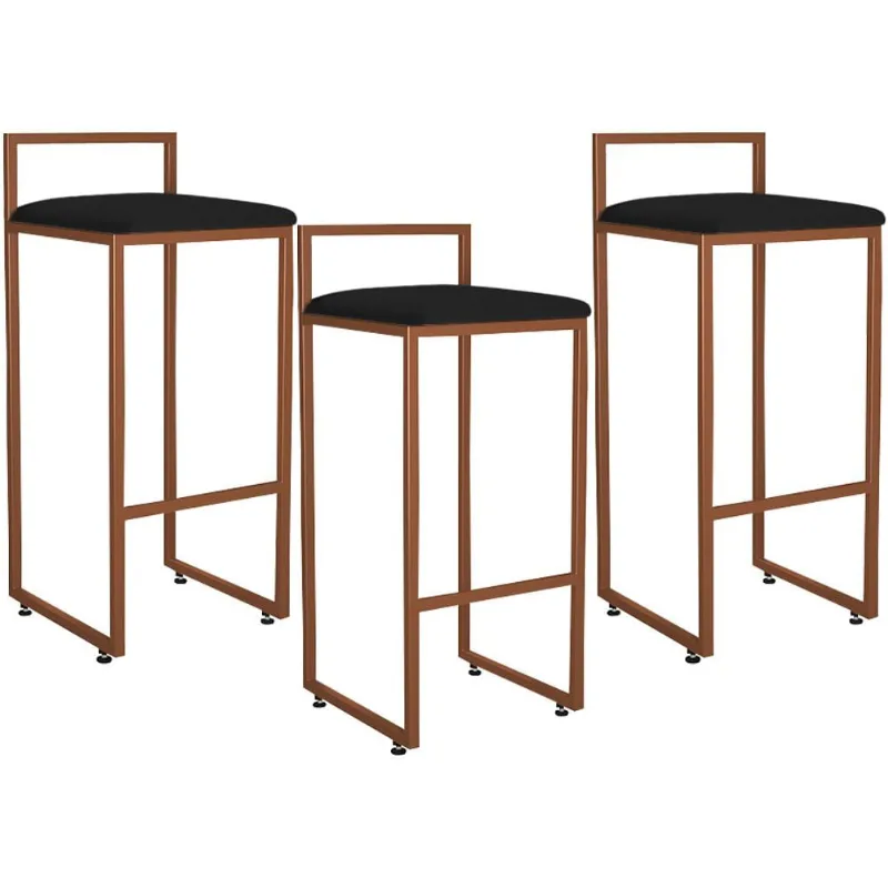 Kit 03 Banquetas Alta Para Cozinha Sala De Jantar Hanna L02 Bronze Corano Preto - Lyam Decor