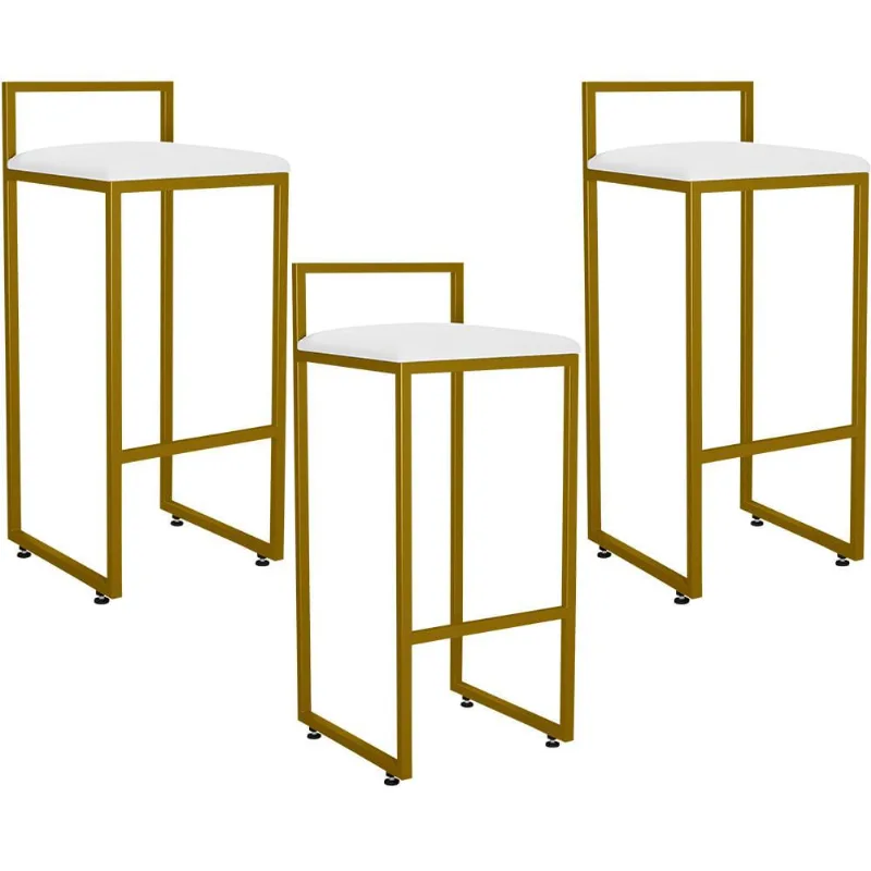 Kit 03 Banquetas Alta Para Cozinha Sala De Jantar Hanna L02 Dourado Corano Branco - Lyam Decor