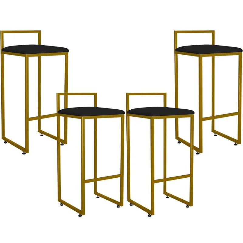 Kit 04 Banquetas Alta Para Cozinha Sala De Jantar Hanna L02 Dourado Corano Preto - Lyam Decor