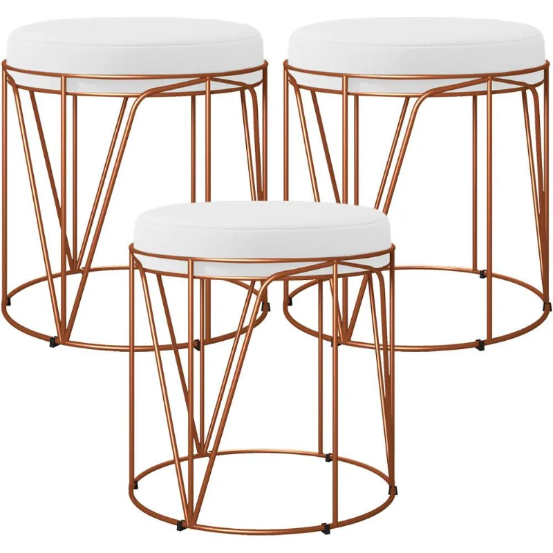 Kit 03 Puffs Decorativo Aramado Bronze Zaya L02 Corano Branco - Lyam Decor