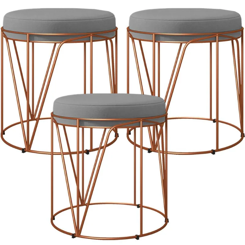 Kit 03 Puffs Decorativo Aramado Bronze Zaya L02 Corano Cinza - Lyam Decor