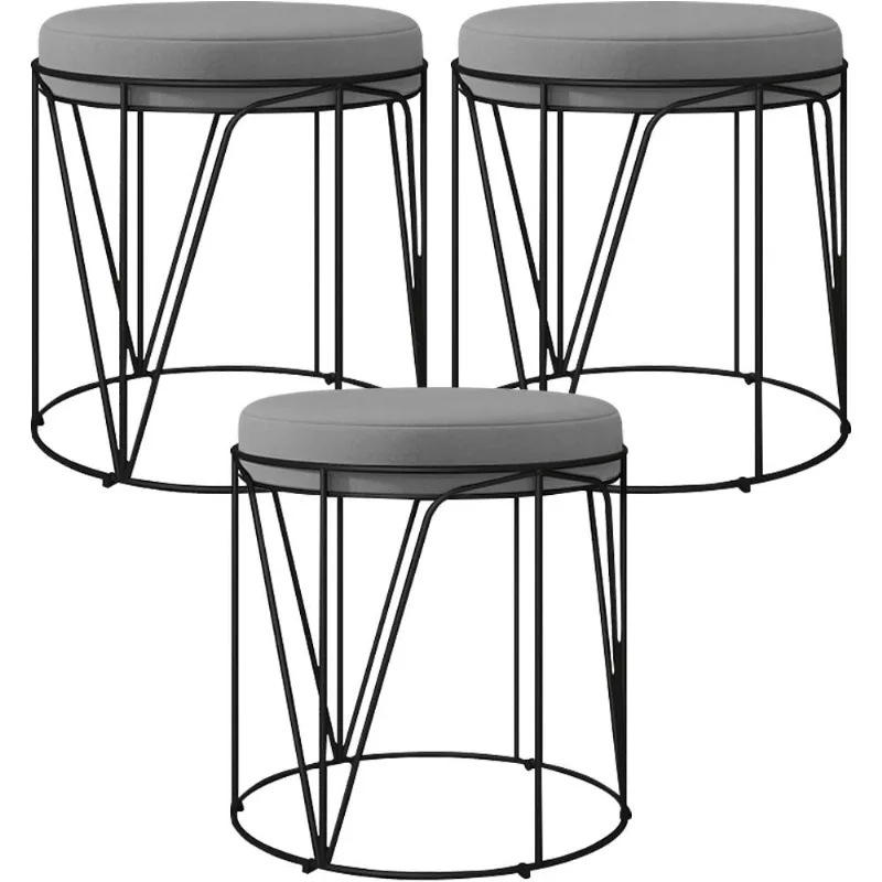 Kit 03 Puffs Decorativo Aramado Preto Zaya L02 Corano Cinza - Lyam Decor