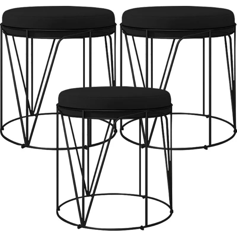 Kit 03 Puffs Decorativo Aramado Preto Zaya L02 Corano Preto - Lyam Decor