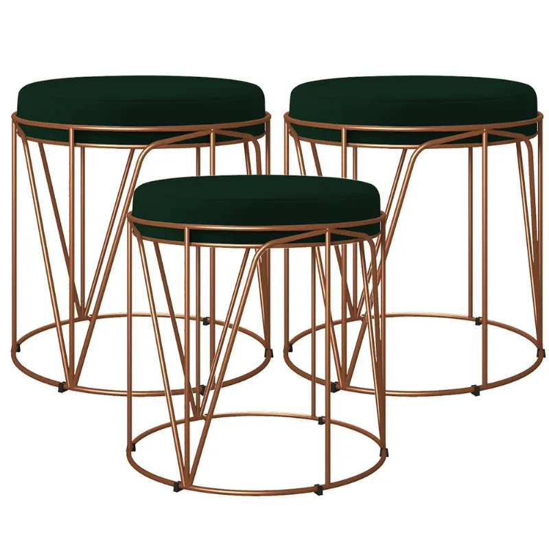 Kit 03 Puffs Decorativo Aramado Bronze Zaya L02 Suede Verde Musgo - Lyam Decor