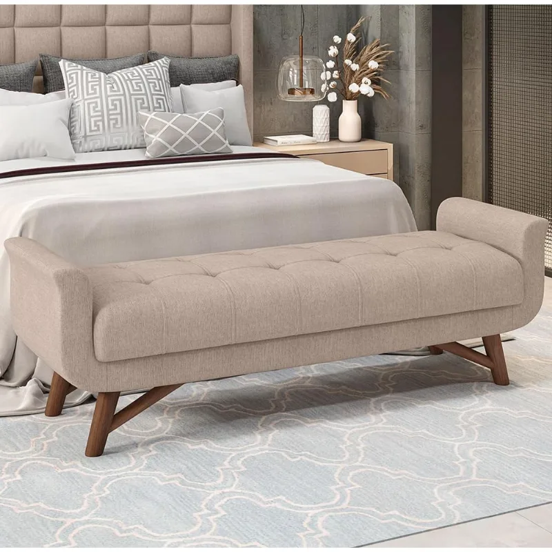 Puff Recamier Decorativo com Pés em Madeira 140 cm Itália P05 Linho Bege - Lyam Decor - Lyam Decor