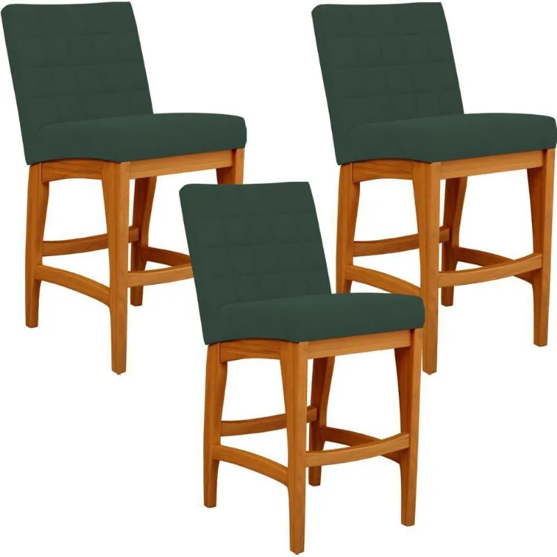 Kit 03 Banquetas Baixa Cozinha Bancada L02 Verde Musgo - Lyam Decor