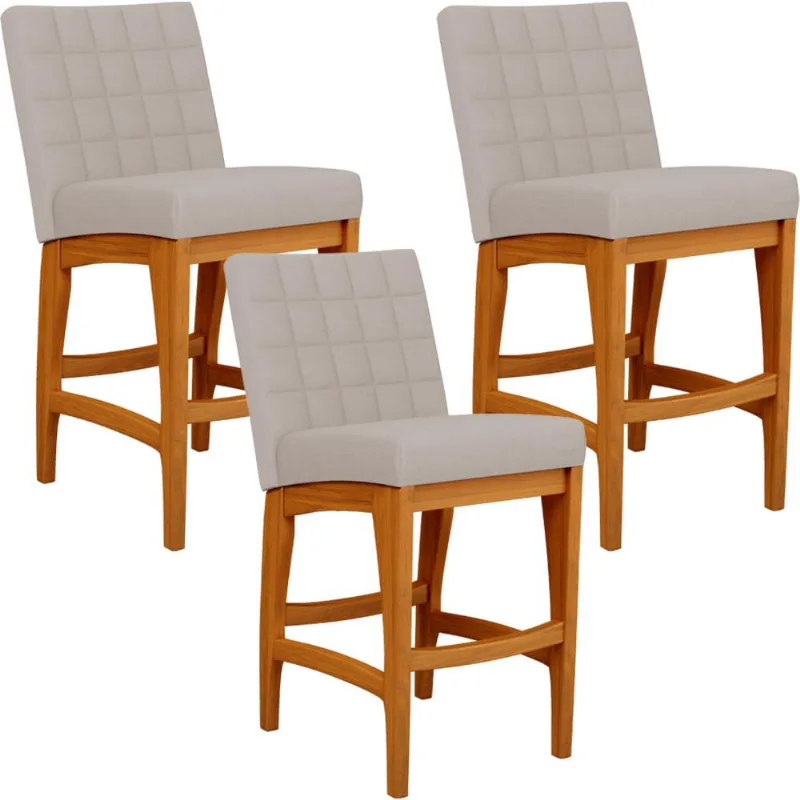 Kit 03 Banquetas Baixa Para Cozinha Bancada Bar Sala Jantar Fixa Mila L02 Linho Bege - Lyam Decor