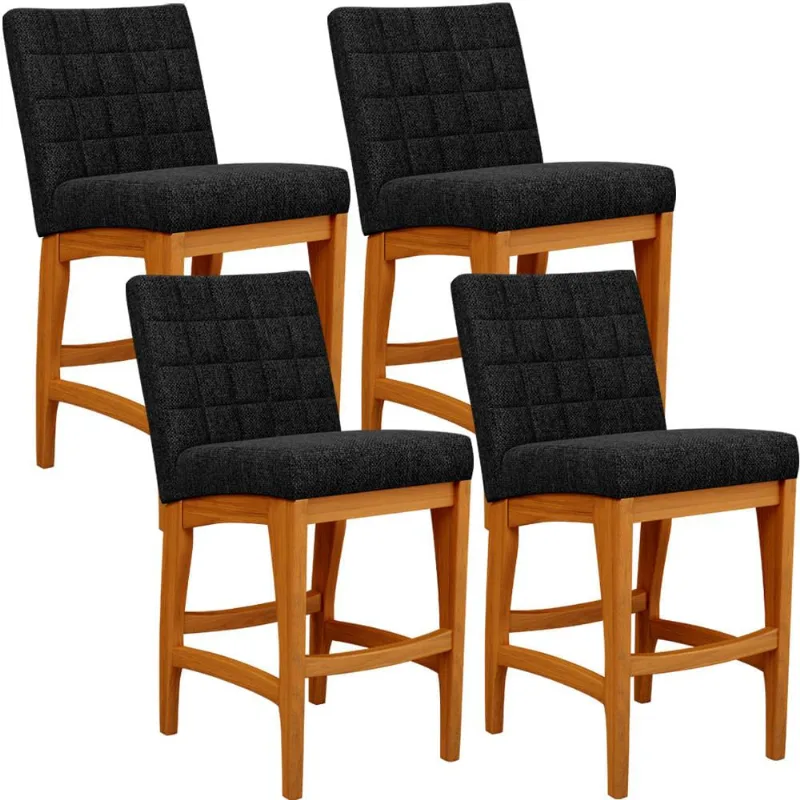 Kit 04 Banquetas Baixa Para Cozinha Bancada Bar Sala Jantar Fixa Mila L02 Linho Chumbo - Lyam Decor - Lyam Decor