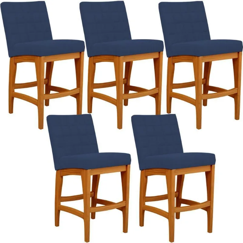 Kit 05 Banqueta Baixa Cozinha Bancada L02 Azul Marinho - Lyam Decor