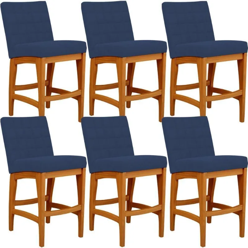 Kit 06 Banqueta Baixa Cozinha Bancada L02 Azul Marinho - Lyam Decor