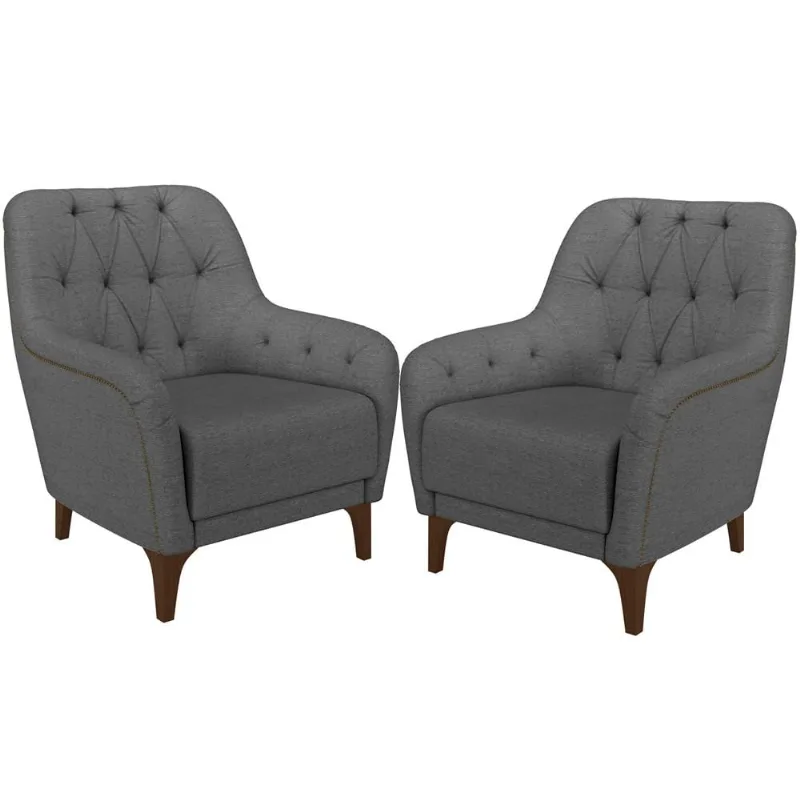 Kit 02 Poltronas Para Sala De Estar Com Tachas Base Fixa Blenda M03 Linho Chumbo - Lyam Decor