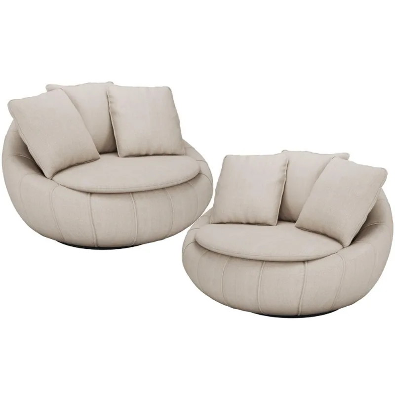 Kit 02 Poltronas Para Sala De Estar Decorativa Giratória Kira M03 Linho Bege - Lyam Decor - Lyam Decor