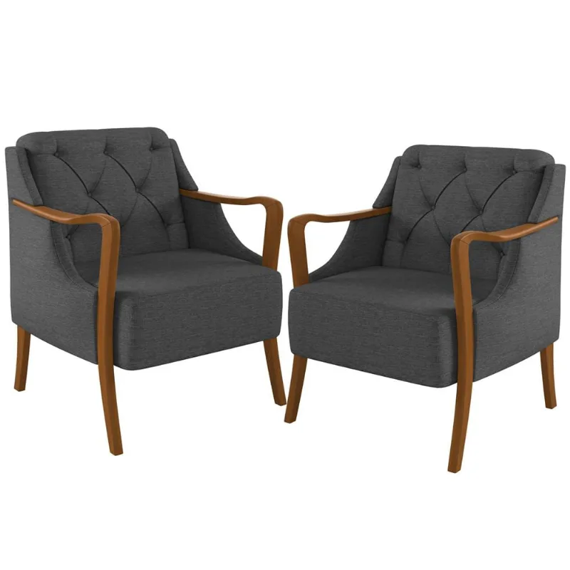 Kit 02 Poltronas Para Sala De Estar Decorativas Base Fixa Coral M03 Linho Chumbo - Lyam Decor - Lyam Decor