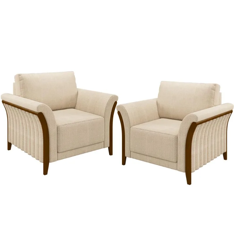 Kit 02 Poltronas Para Sala De Estar Decorativas Base Fixa Stefan M03 Linho Bege - Lyam Decor - Lyam Decor