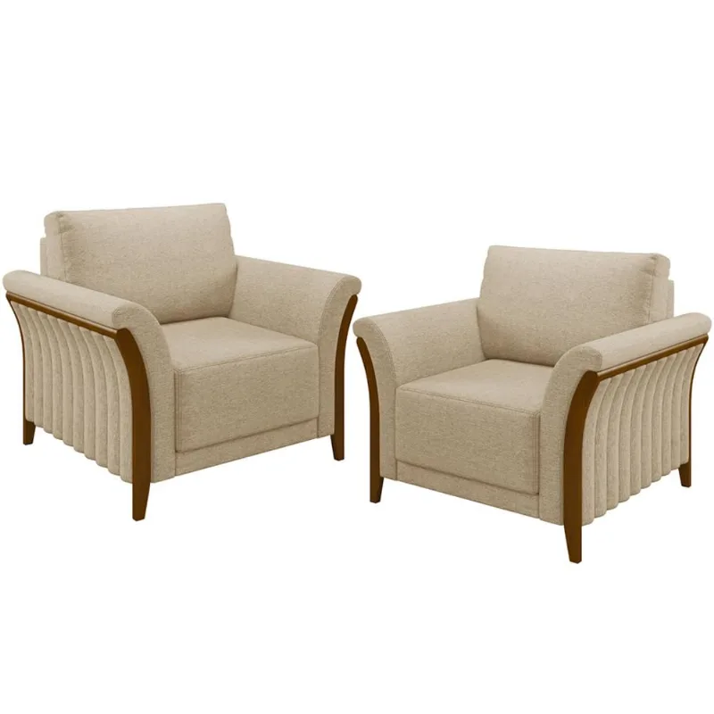 Kit 02 Poltronas Para Sala De Estar Decorativas Base Fixa Stefan M03 Linho Bege Escuro - Lyam Decor - Lyam Decor