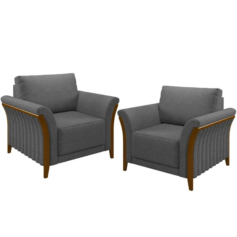 Kit 02 Poltronas Para Sala De Estar Decorativas Base Fixa Stefan M03 Linho Chumbo - Lyam Decor - Lyam Decor
