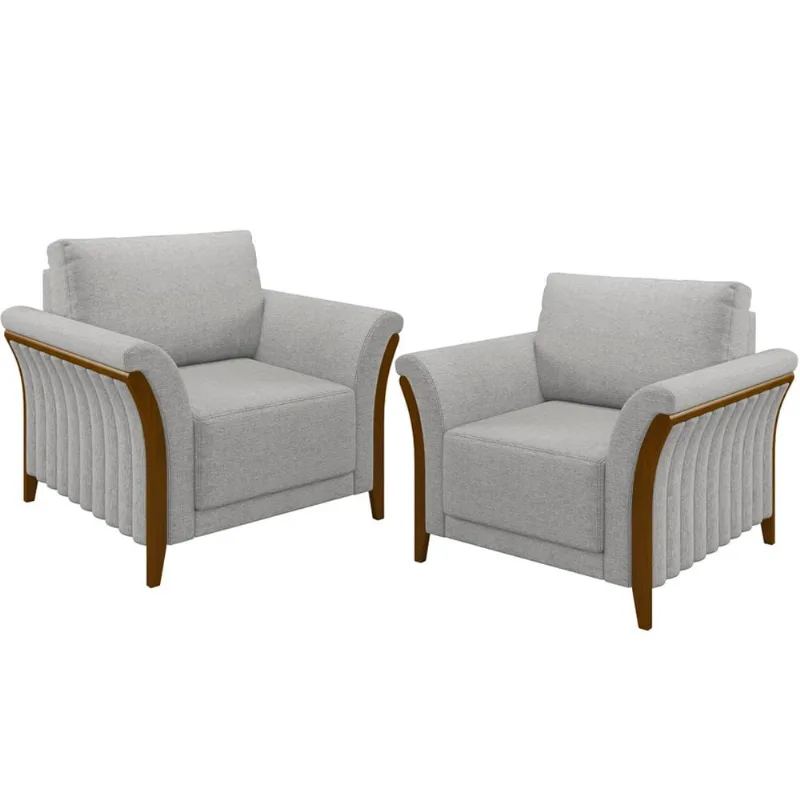 Kit 02 Poltronas Para Sala De Estar Decorativas Base Fixa Stefan M03 Linho Cinza - Lyam Decor - Lyam Decor