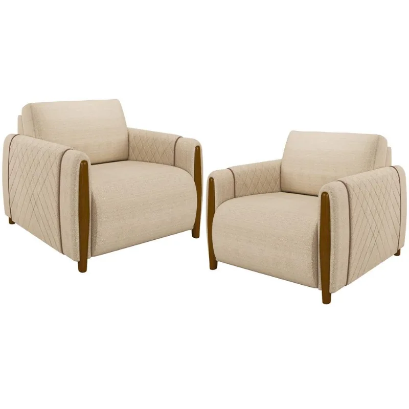 Kit 02 Poltronas Para Sala De Estar Pés De Madeira Base Fixa Flora M03 Linho Bege - Lyam Decor