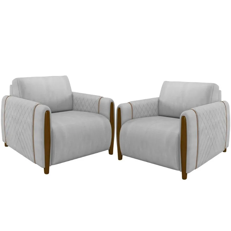 Kit 02 Poltronas Para Sala De Estar Pés De Madeira Base Fixa Flora M03 Veludo Cinza - Lyam Decor